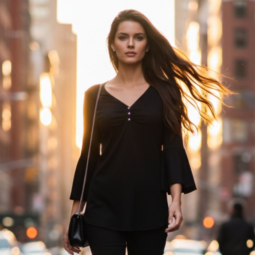 Sami &‎ Jo black ribbed blouse w/ Bell sleeves